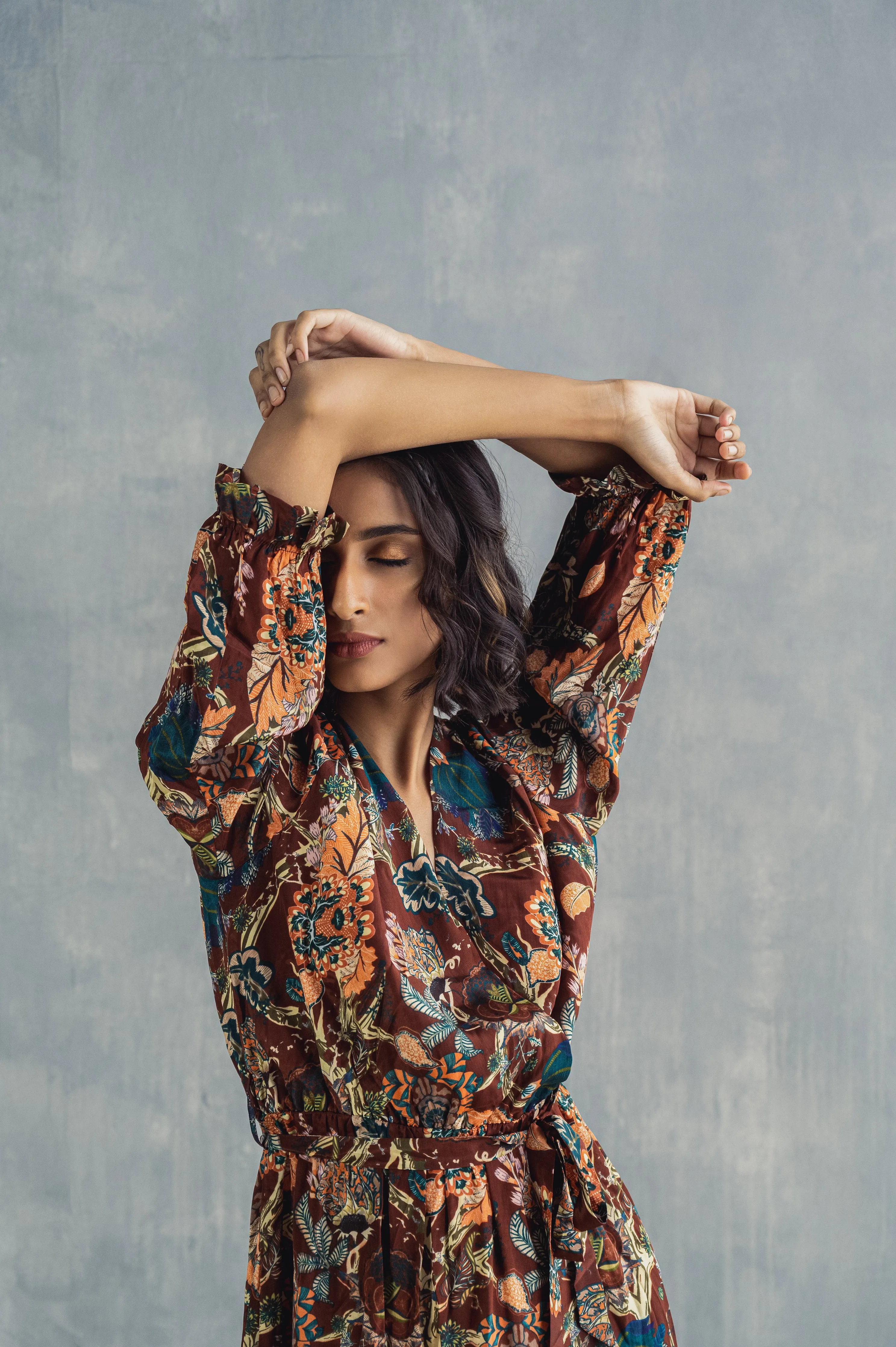 Amaryllis- Maroon & Multi Printed Wrap Dress with Attached Fabric Belt