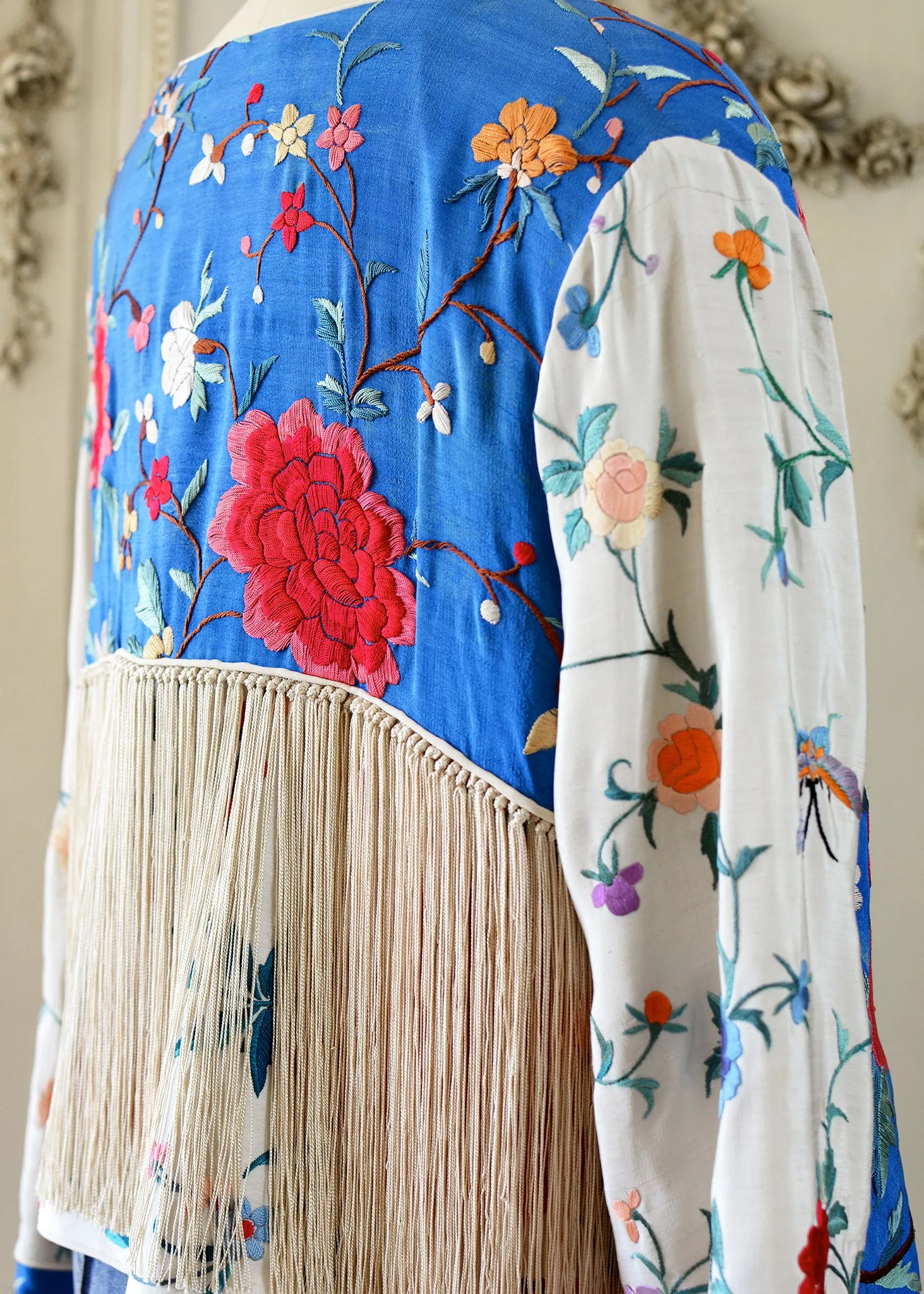 Annie Antique Hand Embroidered Silk Fringe Waist Jacket - Blue & Creme