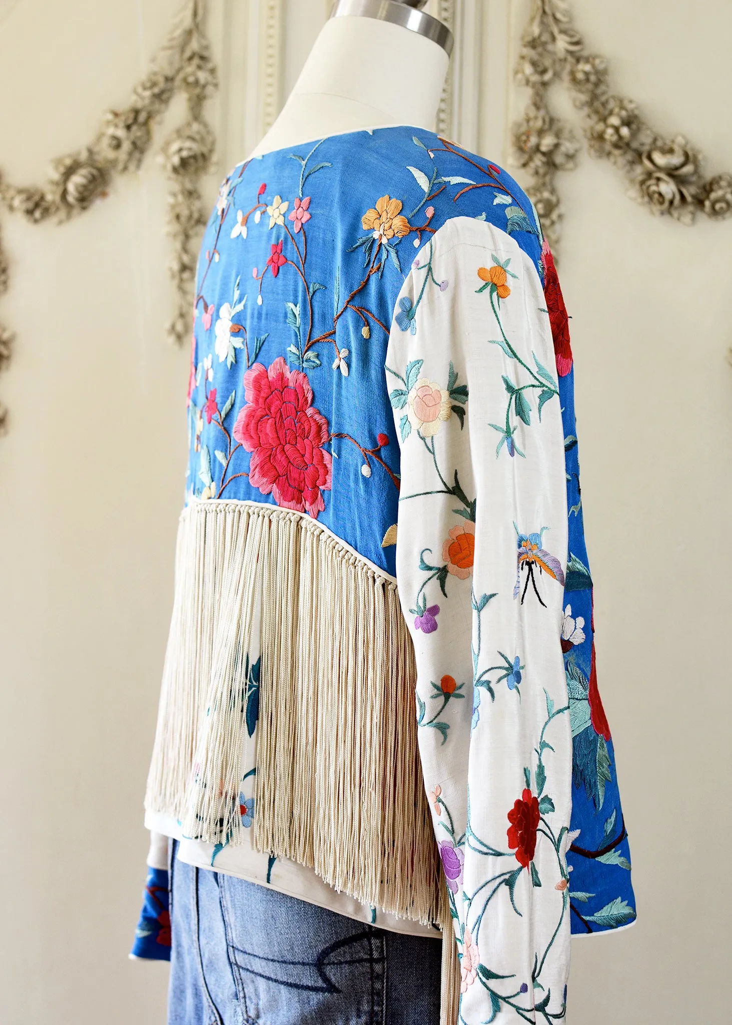Annie Antique Hand Embroidered Silk Fringe Waist Jacket - Blue & Creme
