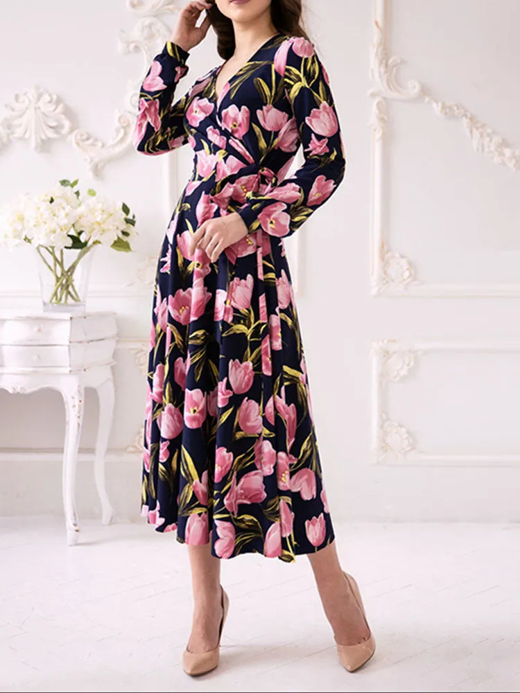 Autumn and Winter Women's V-neck Tie Long-sleeved Skirt Print Dress Dark Blue Elegant Dress