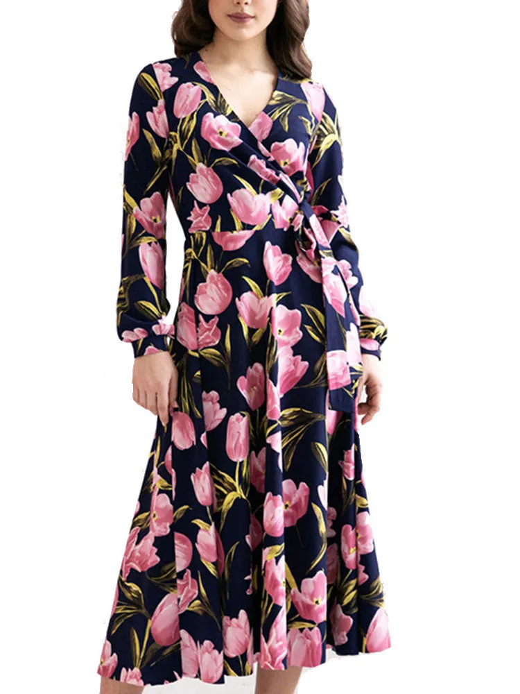 Autumn and Winter Women's V-neck Tie Long-sleeved Skirt Print Dress Dark Blue Elegant Dress