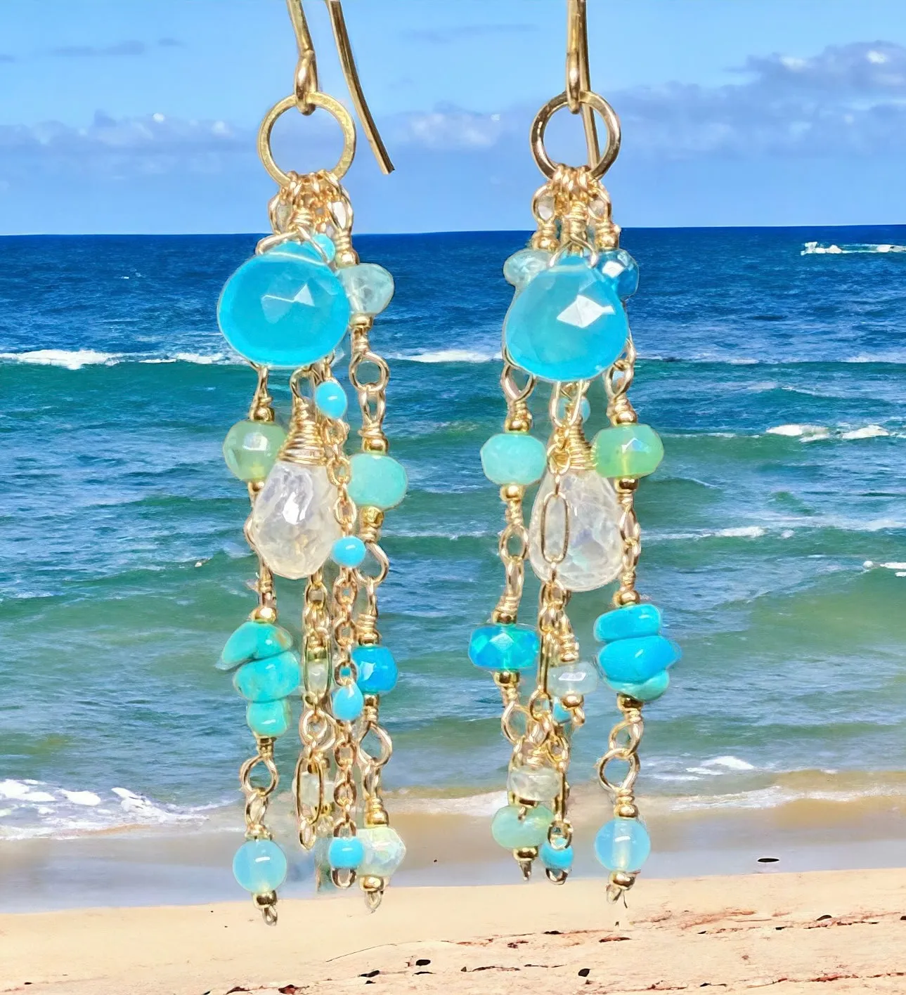 Blue, Aqua, Turquoise Gem Dangle Earrings, Gold Fill