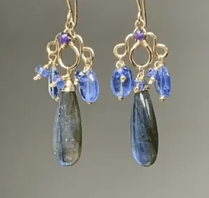 Blue Labradorite Statement Chandelier Earrings in Gold Fill with Kyanite