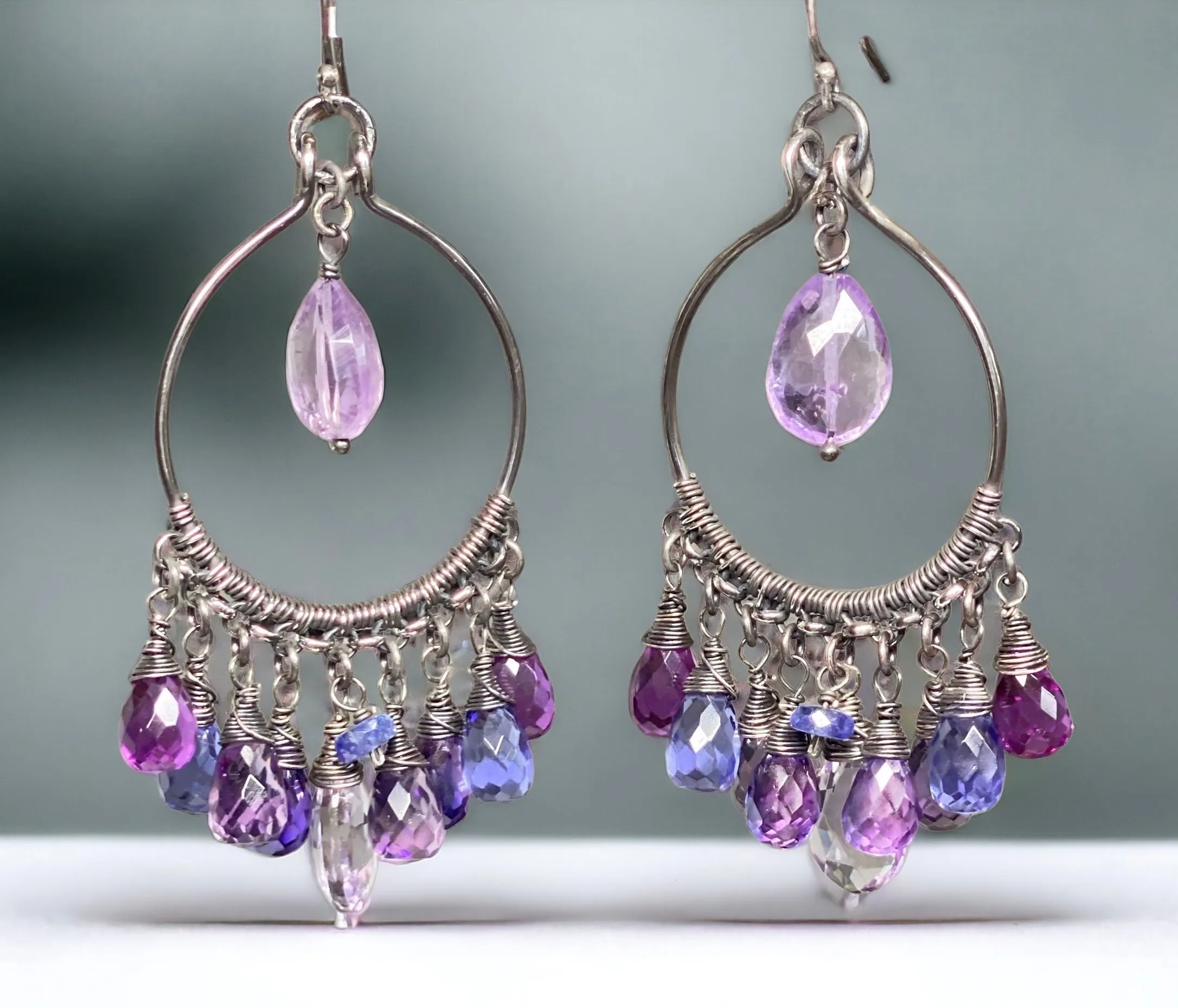 Blue Violet Gem Statement Chandelier Earrings in Oxidized Sterling Silver