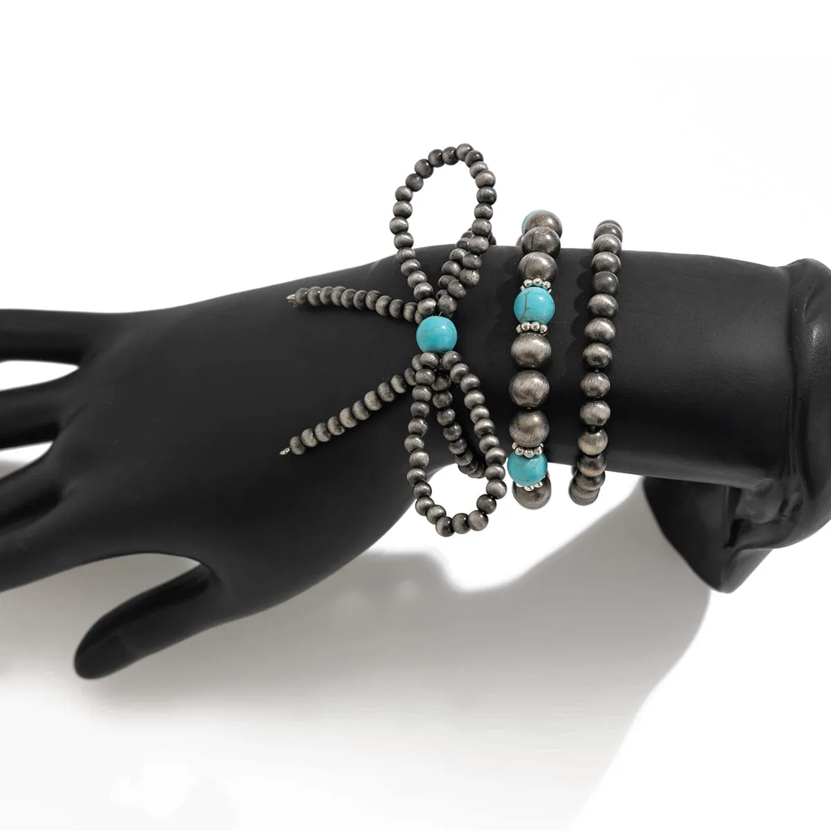 Boho 3pcs Antique Silver Tone Bowknot Turquoise Beaded Bracelet Set