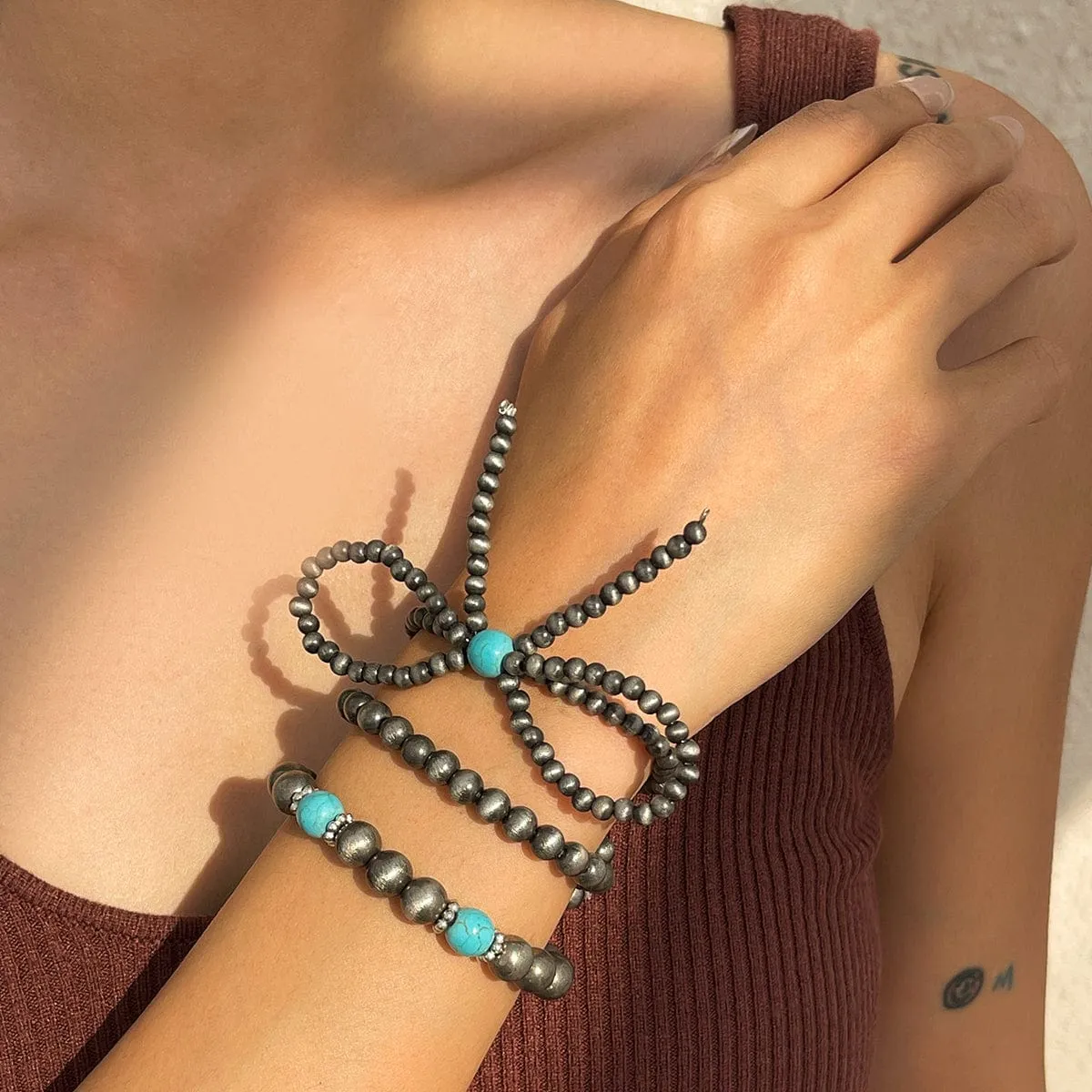 Boho 3pcs Antique Silver Tone Bowknot Turquoise Beaded Bracelet Set