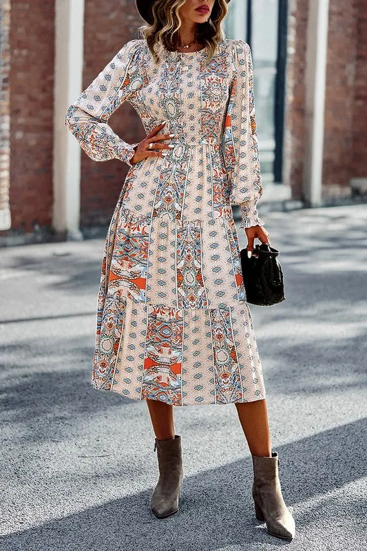 Boho-Boho Print Midi Dress