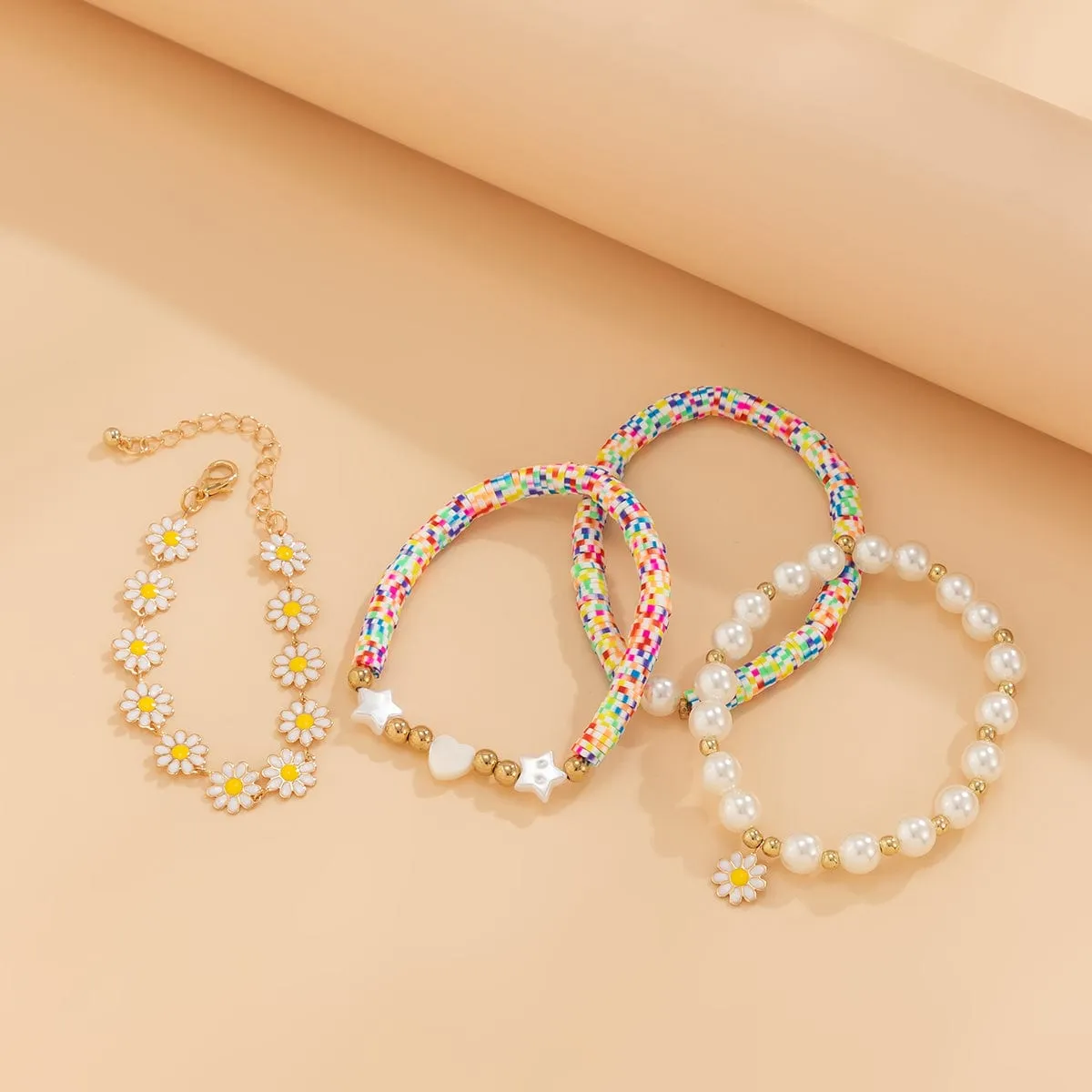 Boho Flower Heart Star Pearl Chain Stackable Bracelet Set