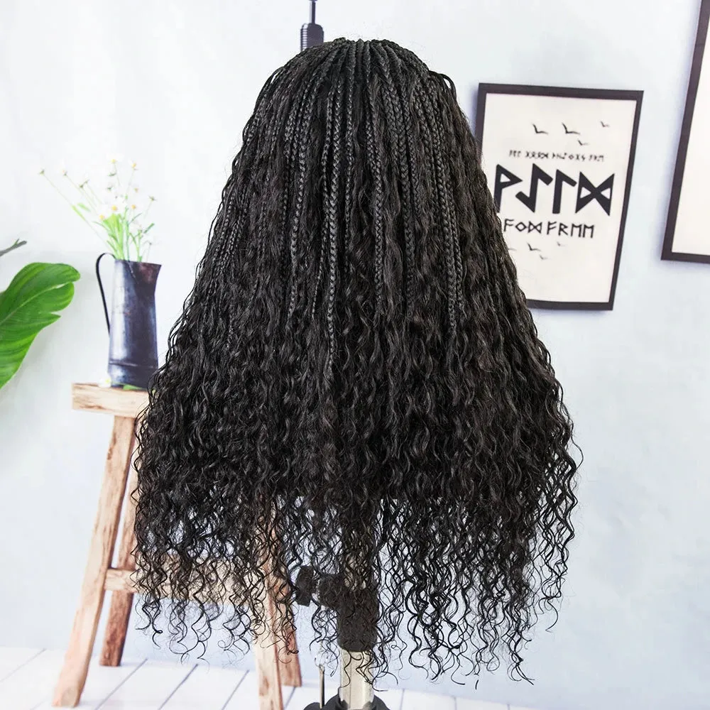 Boho Human Hair Curls Synthetic Braided Wig 6x5 Lace Closure Wig