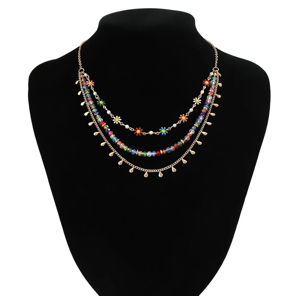 Boho Layered Colorful Flower Rhinestone Waterdrop Tassel Necklace
