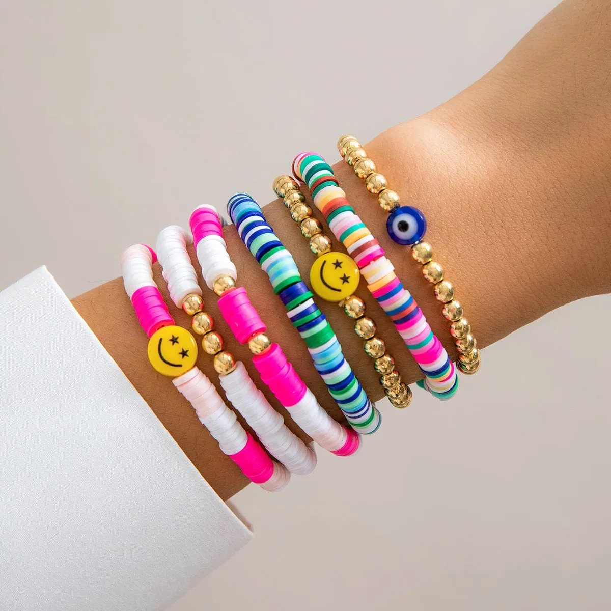 Boho Layered Colorful Polymer Clay Smile Face Ball Chain Bracelet Set