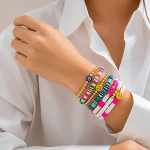 Boho Layered Colorful Polymer Clay Smile Face Ball Chain Bracelet Set