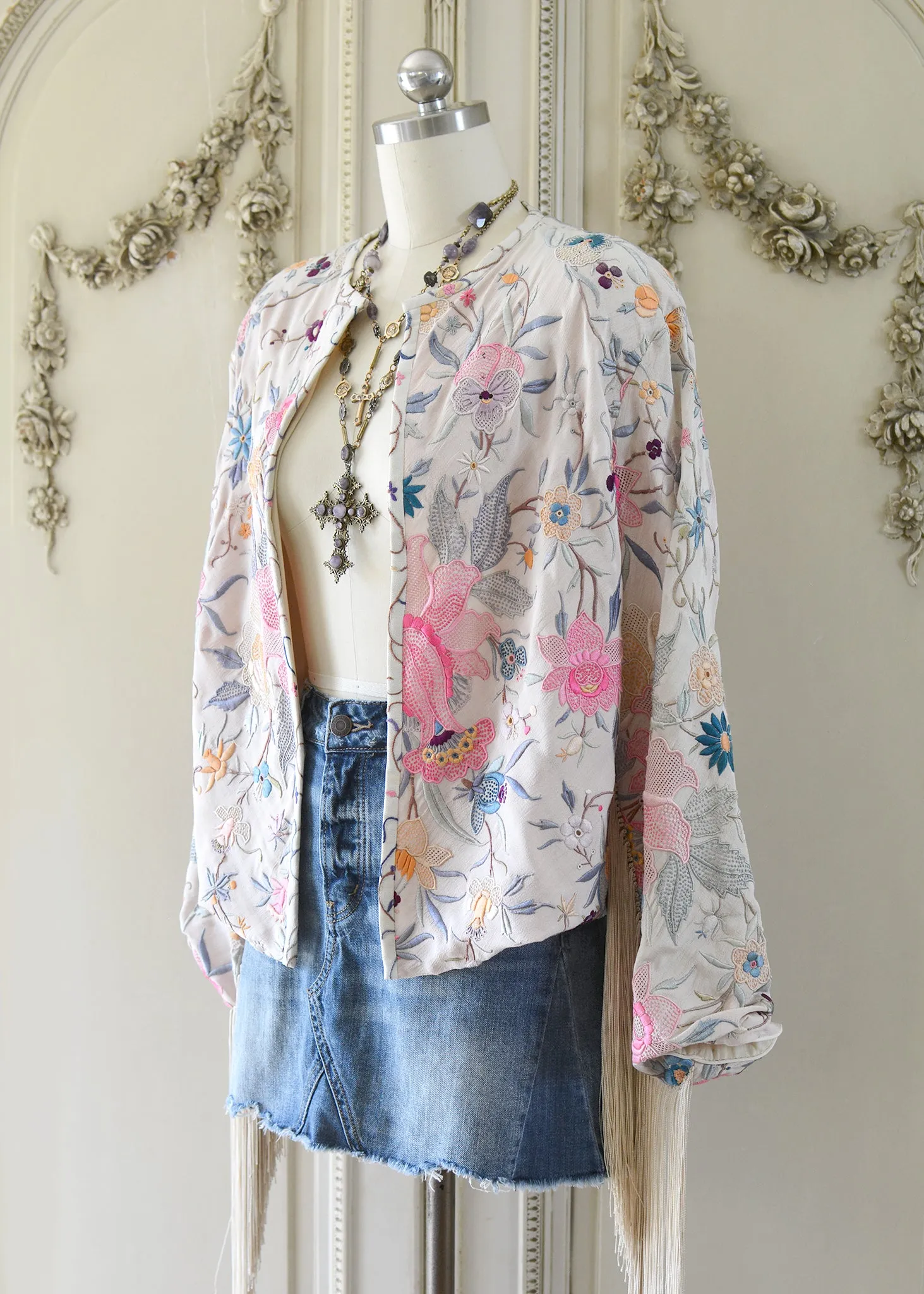 Callie Opulent Hand Embroidered Antique Silk Crepe Fringe Jacket