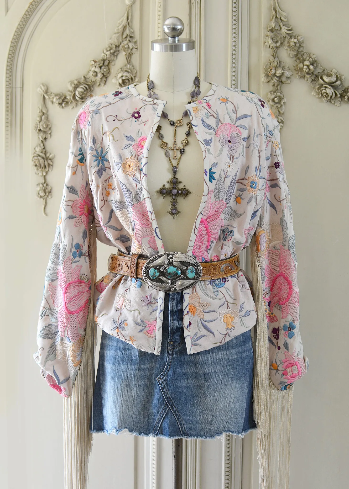 Callie Opulent Hand Embroidered Antique Silk Crepe Fringe Jacket