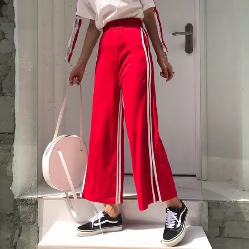 Casual Trousers Women 2018 Preppy Style Striped Side Split Elastic Waist Wide Leg Sweatpants Black Red pantalon femme B195