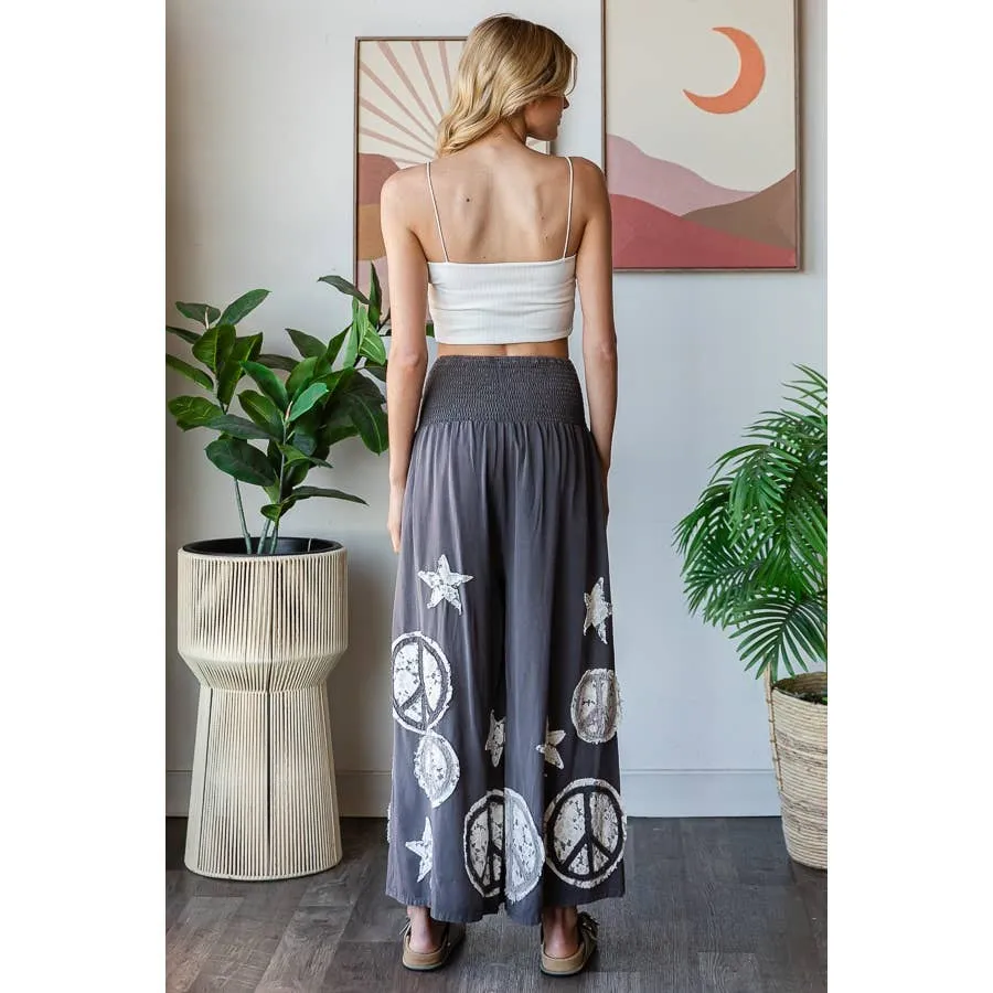 Charcoal Washed Smocked Peace And Star Patchowork Oli Hali Pants