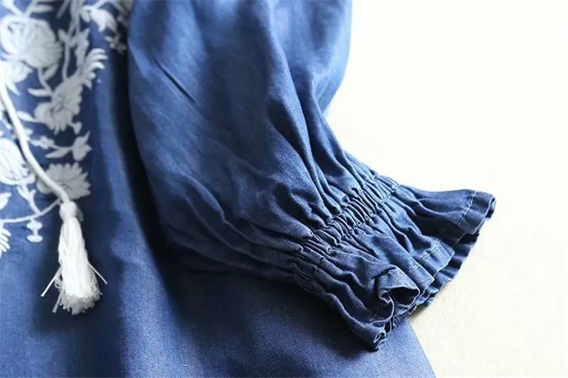 CONTESSA Floral embroidery Denim Blouse
