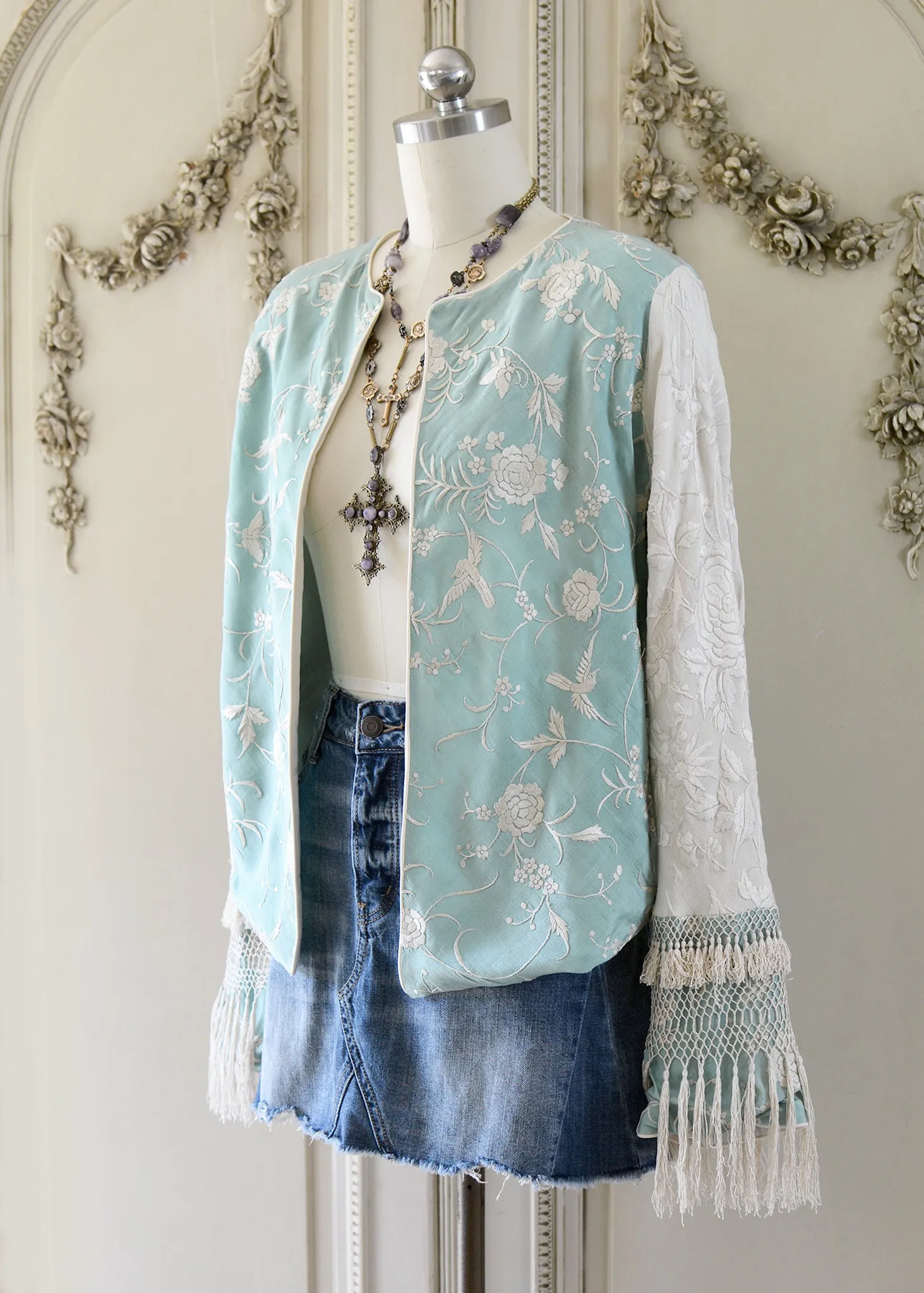 Daphne Antique Hand Embroidered Aqua & Creme Silk Crepe Jacket Silk Tassel Fringes - SOLD