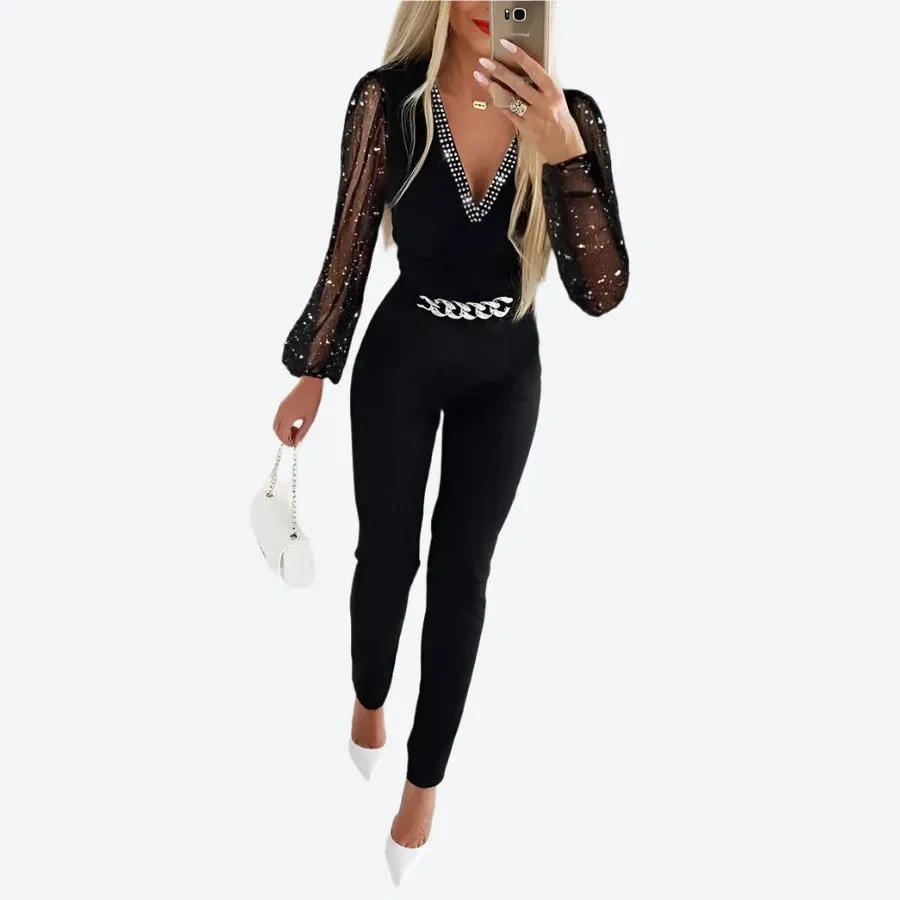 Elegant Sequin Sleeve Chain Belt Jumpsuits