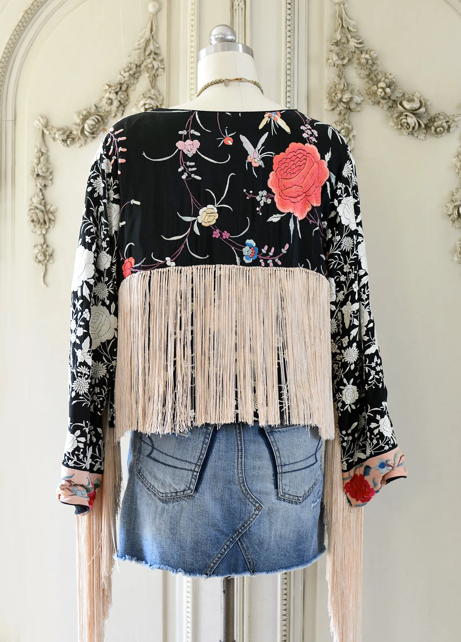 Emma Hand Embroidered Antique Silk Crepe Chanel Style Jacket with Opulent Fringes