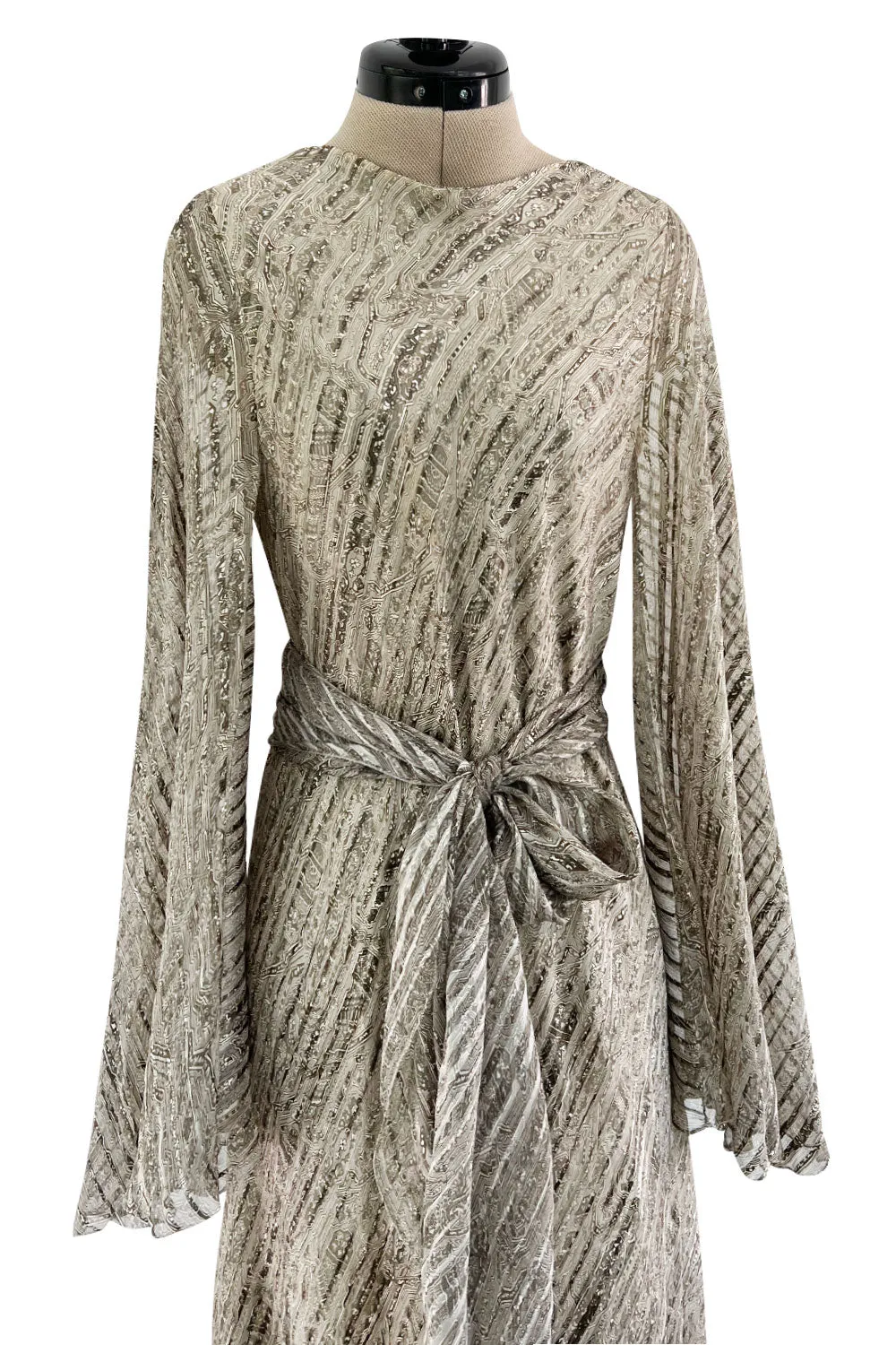 Exceptional 1970s George Stavropoulos Couture Bias Cut Grey Ribbon Silk Chiffon Dress w Sash