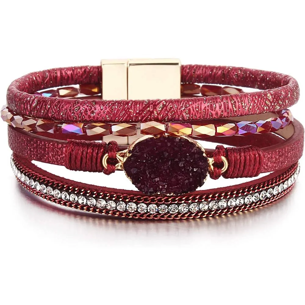FANCY SHINY Leather Wrap Bracelet Boho Cuff Bracelets Crystal Bead Bracelet with Magnetic Clasp for Women | Multiple Colors and Sizes