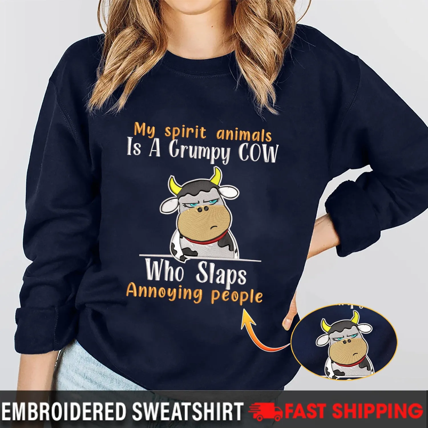 Grumpy Cow - Embroidered Sweatshirt - Hoodie