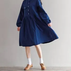La MaxPa Mori Girl Preppy Style Spring Autumn Dress Stand Collar Long Sleeve High Waist Pleated Loose Artsy Shirt Dress