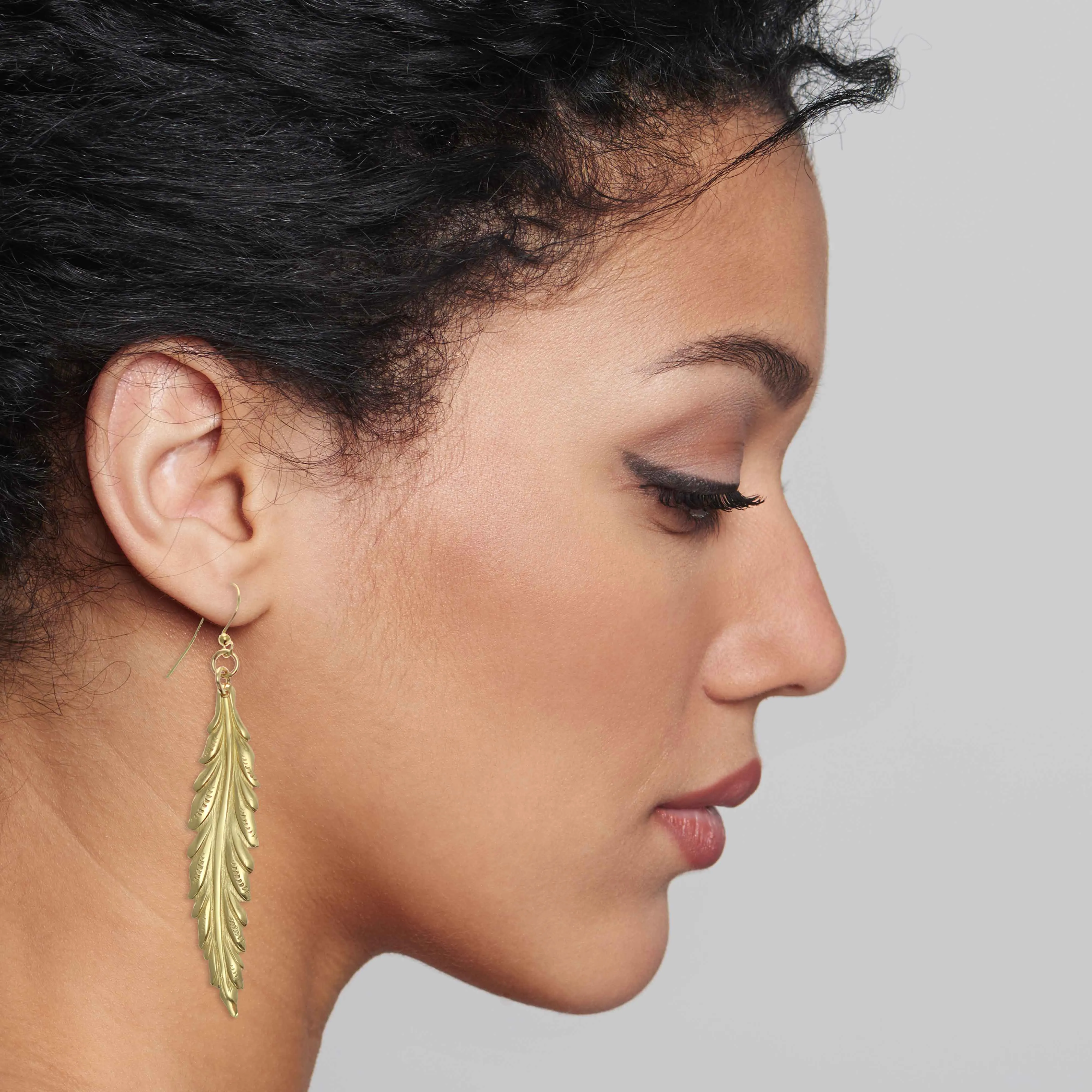 Long Feather Brass Nu Gold Drop Earrings