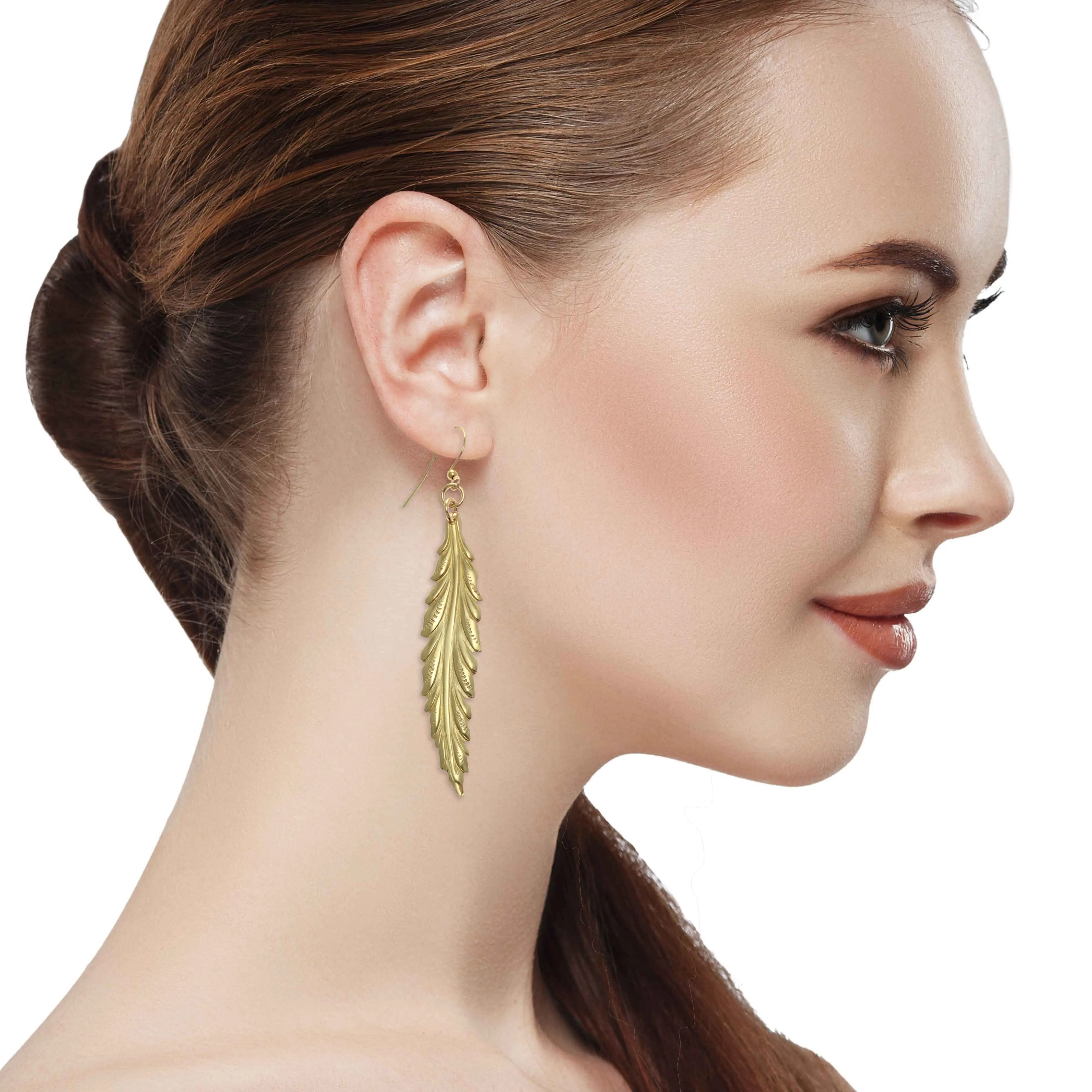 Long Feather Brass Nu Gold Drop Earrings