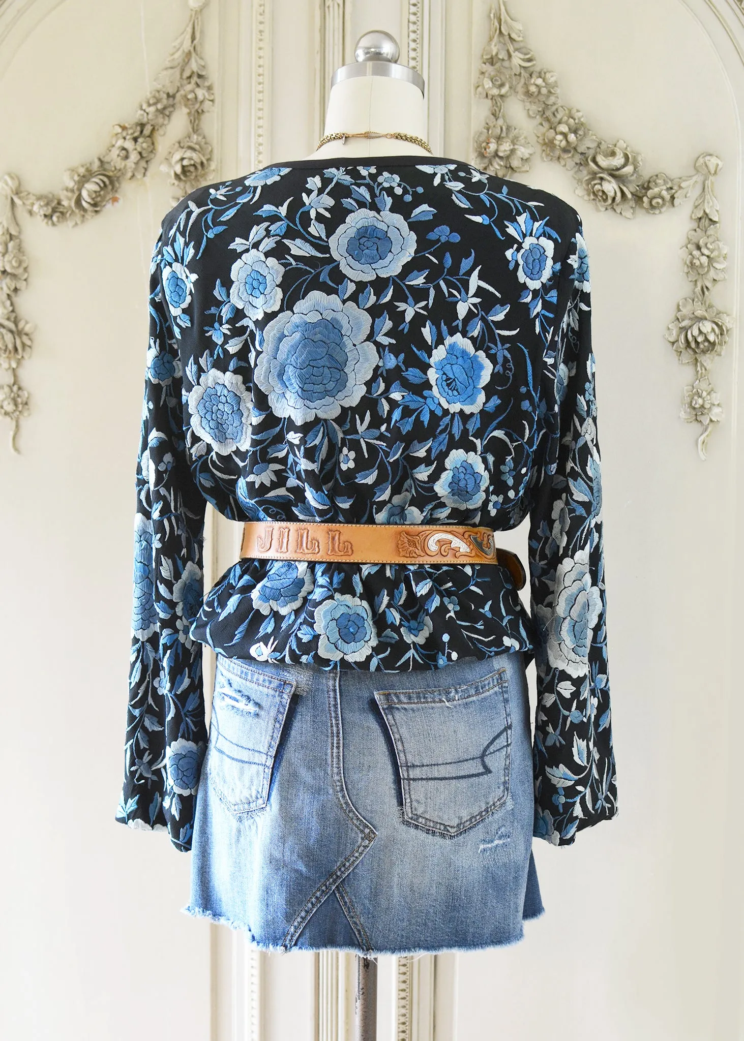 Mariel Antique Hand Embroidered Black & Cerulean Blue Silk Crepe Jacket