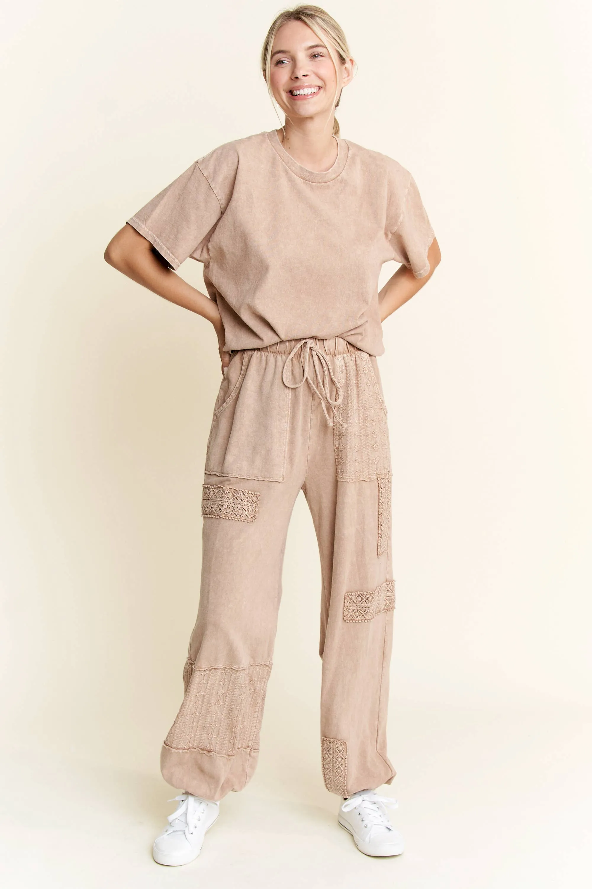 Mineral Wash Eyelet detailed Boho Joggers: Latte