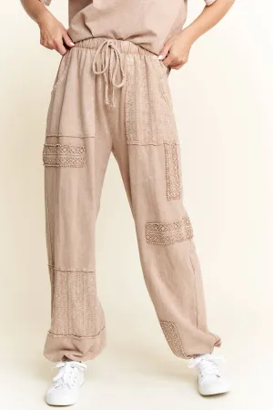Mineral Wash Eyelet detailed Boho Joggers: Latte