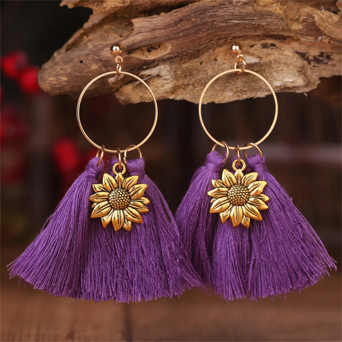 Navy Polyster & 18K Gold-Plated Sunflower Tassel Drop Earrings