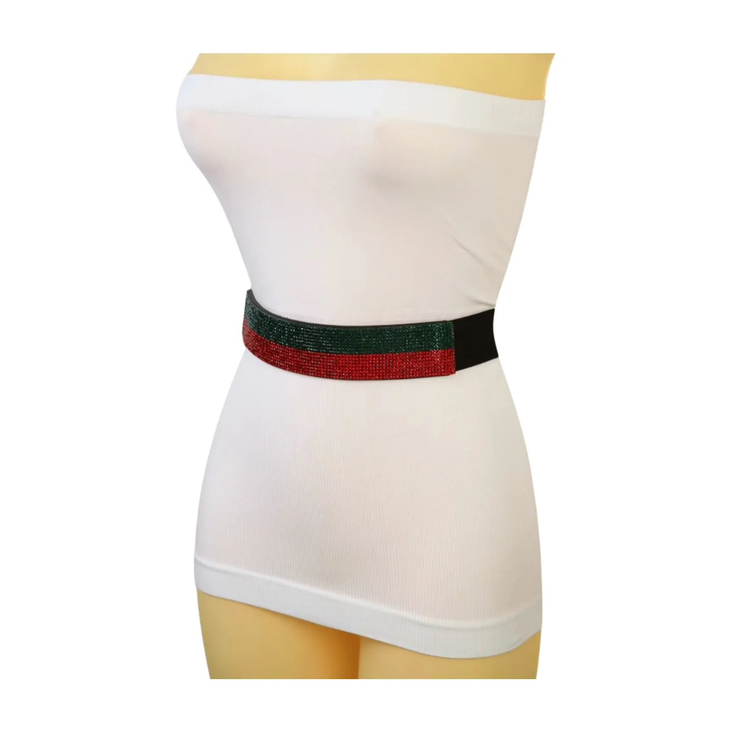 New Women Black Elastic Waistband Fashion Belt Green Red Bling Rhinestones Fit S M