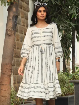 Off White Embroidered Boho Midi Dress