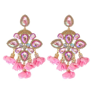 Pink Crystal & Cubic Zirconia Floral Pear-Cut Chandelier Drop Earrings