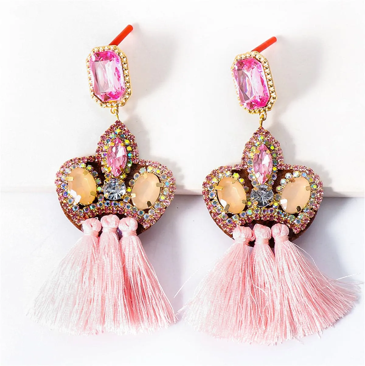 Pink Crystal & Cubic Zirconia Radiant-Cut Tassel Drop Earrings