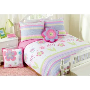 Pink White Blossom Floral Quilt Set Twin Blue Lavender Flower