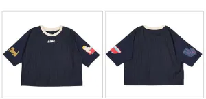 Preppy Style Casual Loose Striped Blouse For Women Cartoon Printed Embroidery O Neck Summer New Female Shirt Tops Patch Design