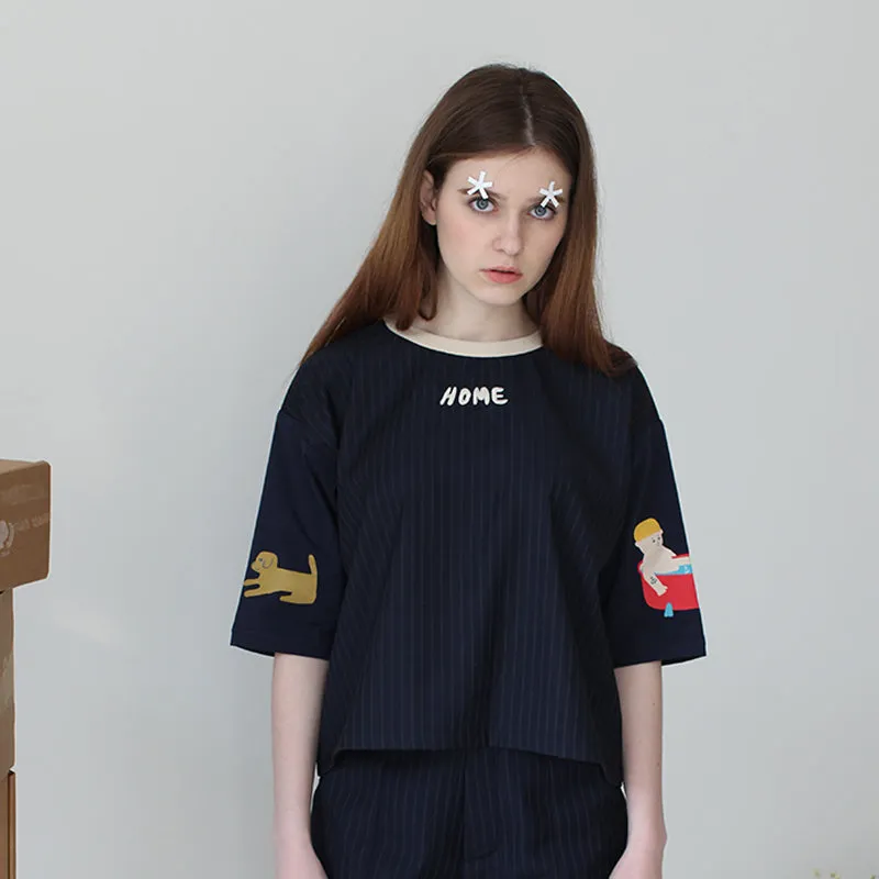 Preppy Style Casual Loose Striped Blouse For Women Cartoon Printed Embroidery O Neck Summer New Female Shirt Tops Patch Design