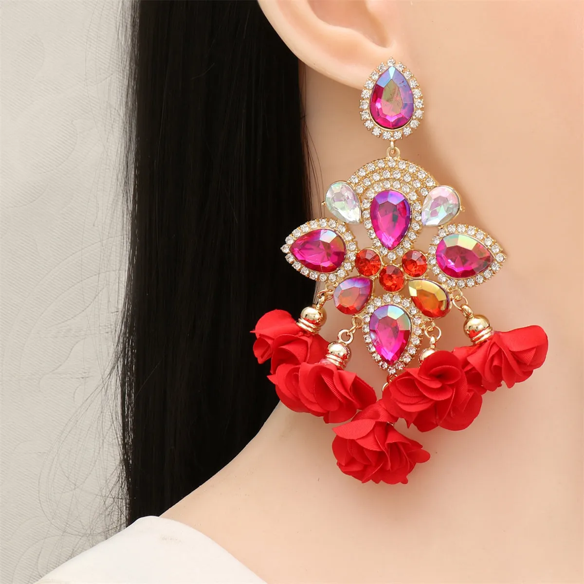 Red Crystal & Cubic Zirconia Silk 18K Gold-Plated Floral Tassel Drop Earrings