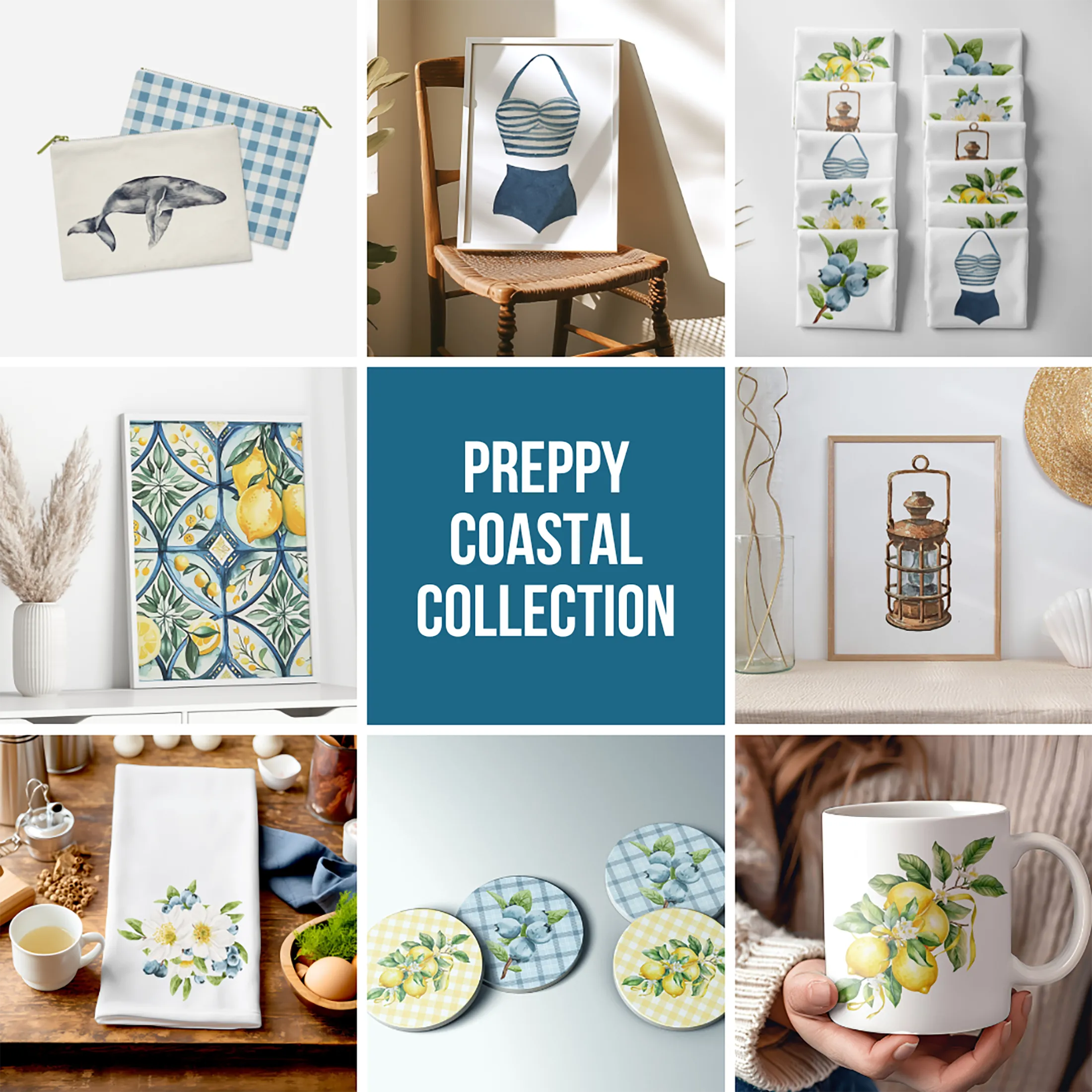 Retro Two-Piece Swimsuit and Yellow Plaid coaster set | retro beach vibes | Preppy Coastal Collection