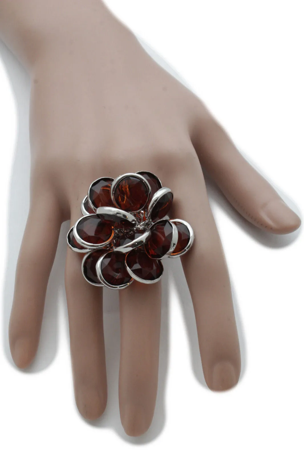 Silver Metal Brown Or Black Beads Big Flower Knuckle One Size Band Ring