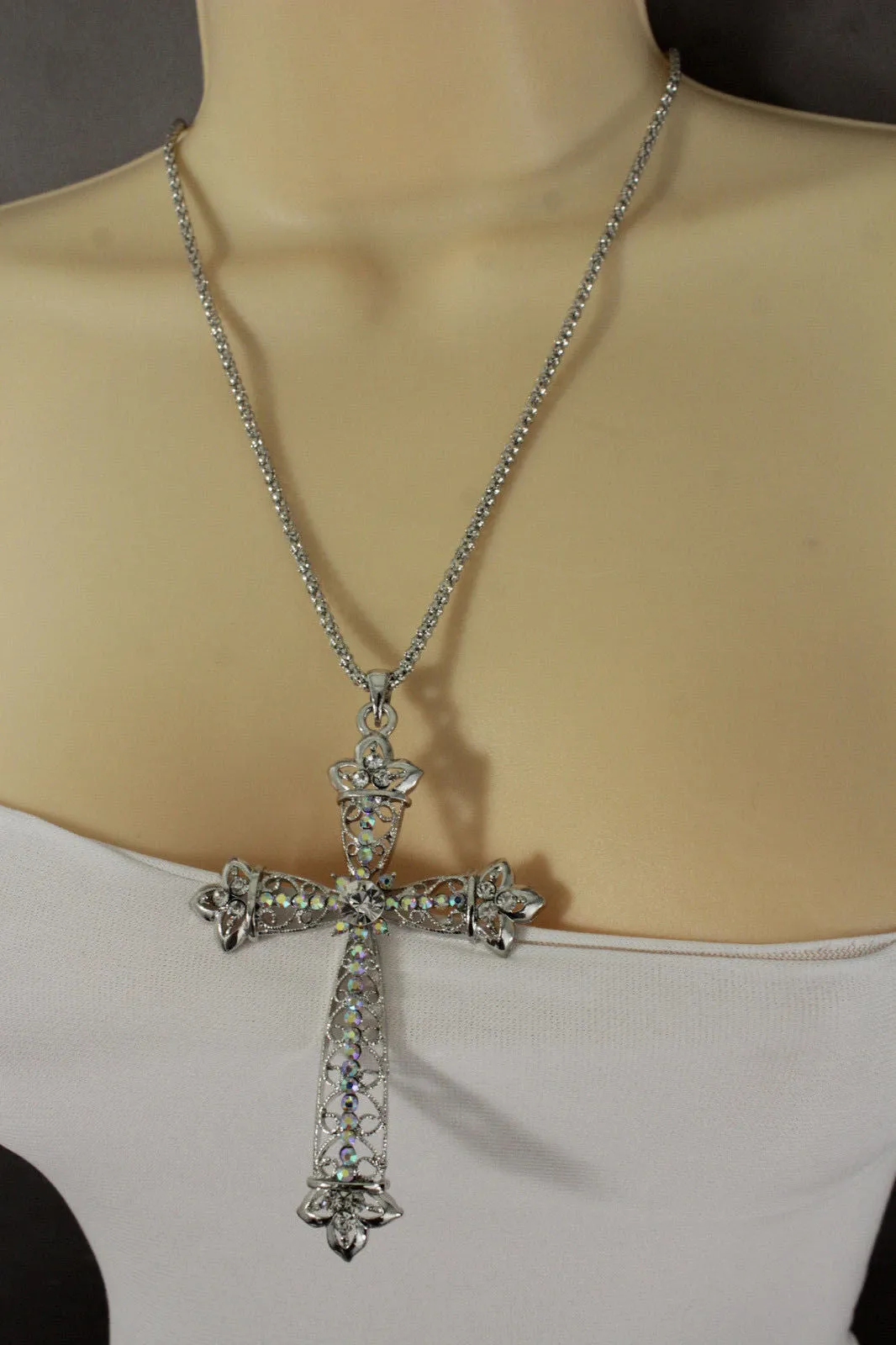 Silver Metal Chain Large Cross Bless Rhinestones Pendant Necklace