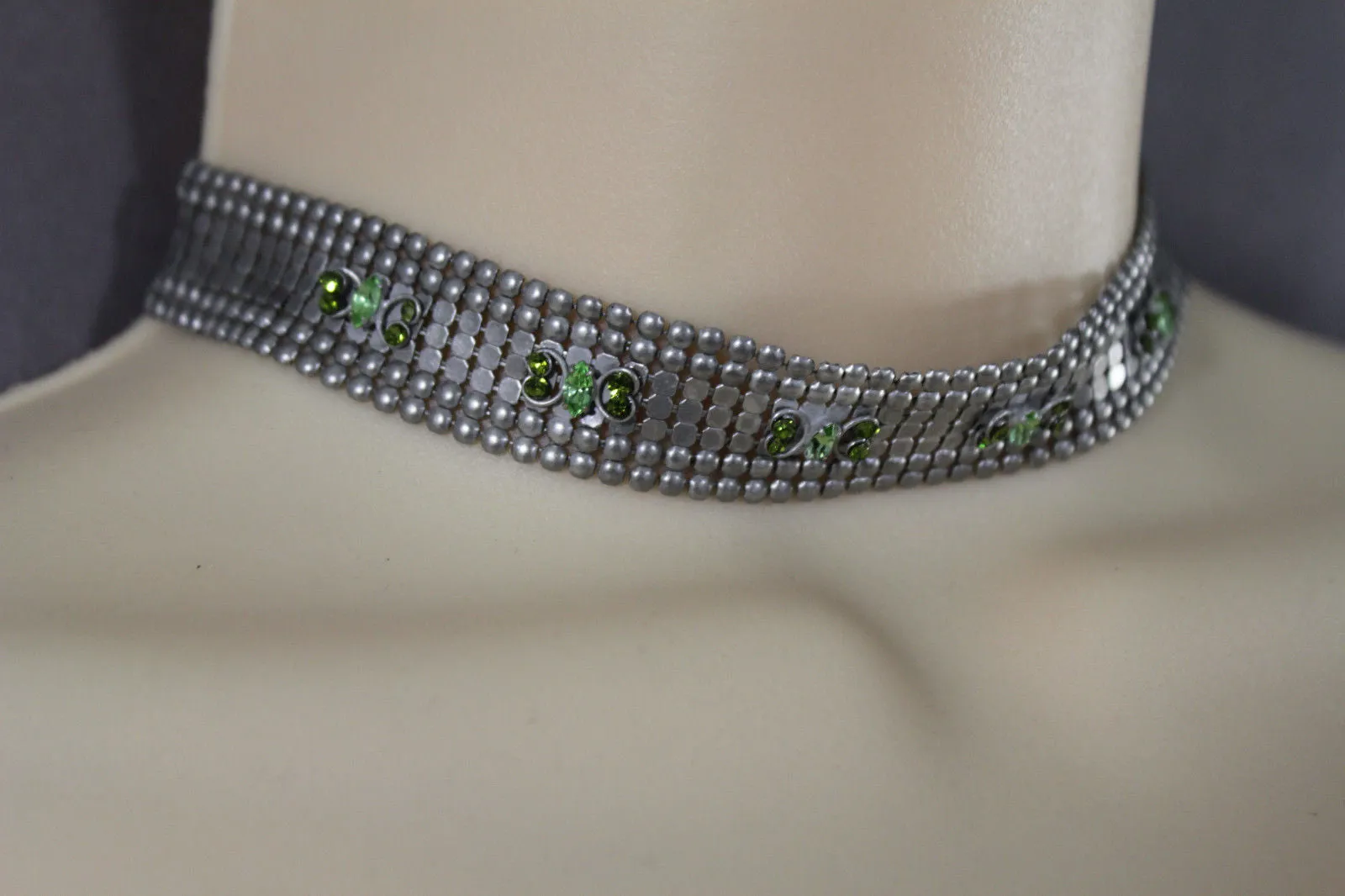 Silver Metal Neck Narrow Choker Necklace Pink Blue Green Butterfly