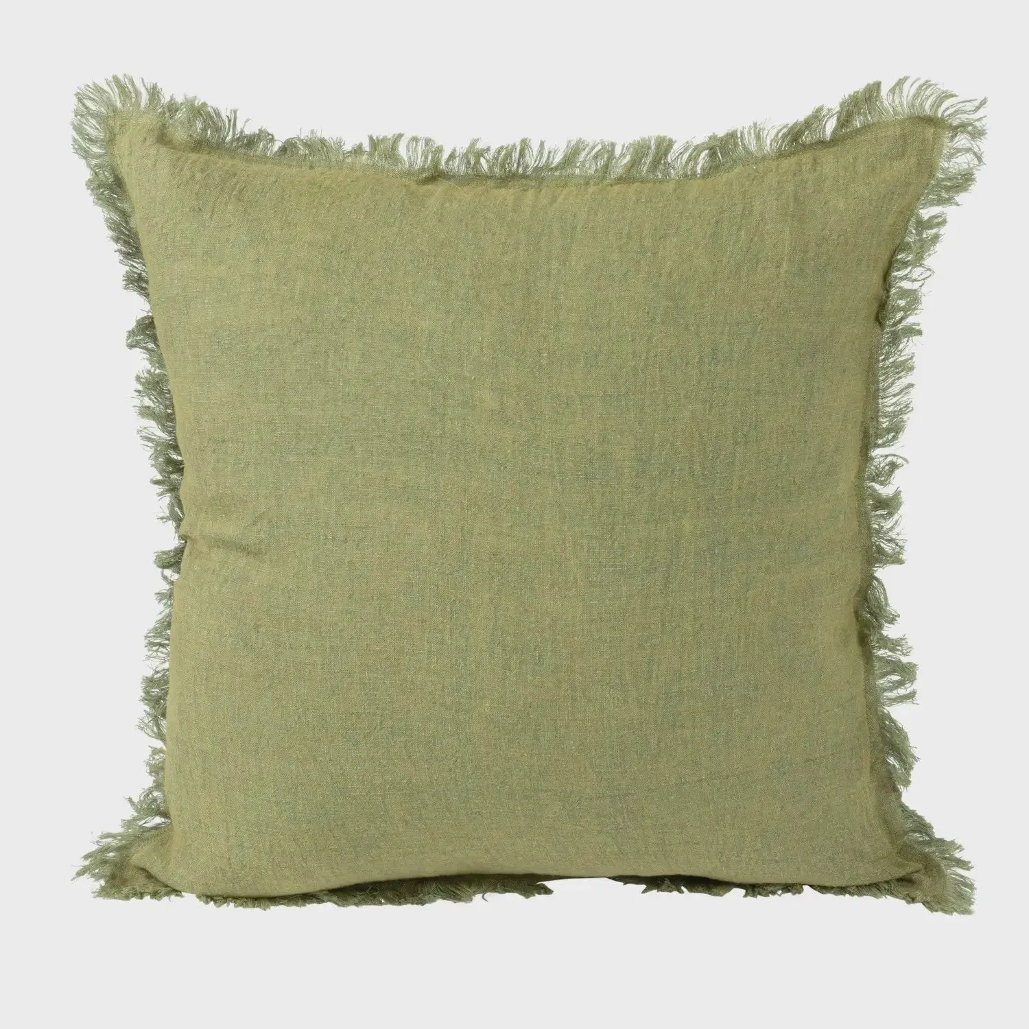 SQUARE STONEWASHED LINEN FRINGE OLIVE PILLOW