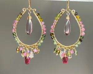 Tourmaline Gemstone Gold Fill Hoop Chandelier Earrings
