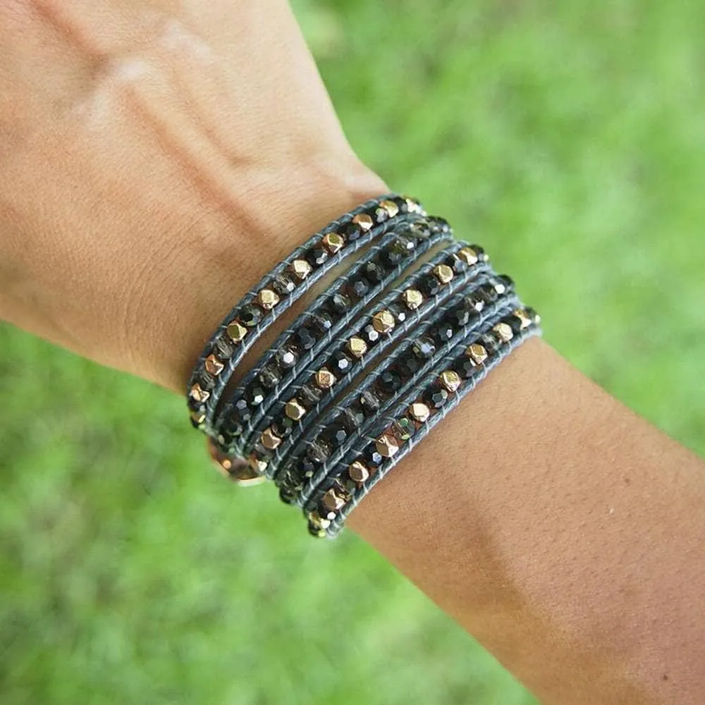 Tree of Life Boho Beads and Black Crystal 5 Wraps Bracelet