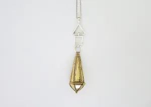 Unique, bi-metal, long amuletic pendant, in gold-plated brass and sterling silver